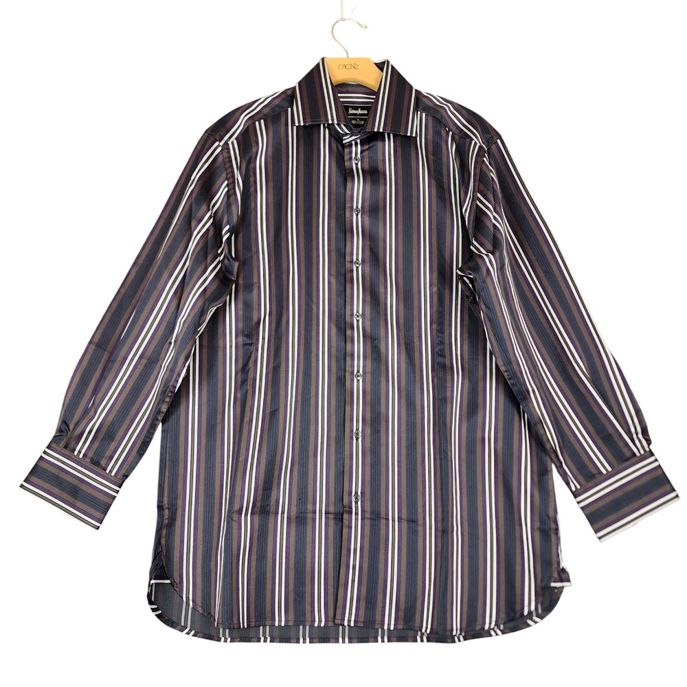Neiman Marcus Mens Button Down Shirt Medium Striped Cotton Long Sleeve